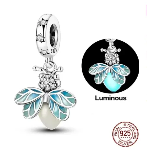 Koralik charms ze srebra próby 925 z serii Forest, świecący w ciemności, w kształcie świetlików, ważek i pająków, pasujący do oryginalnych bransoletek z zawieszkami, biżuteria DIY dla kobiet.