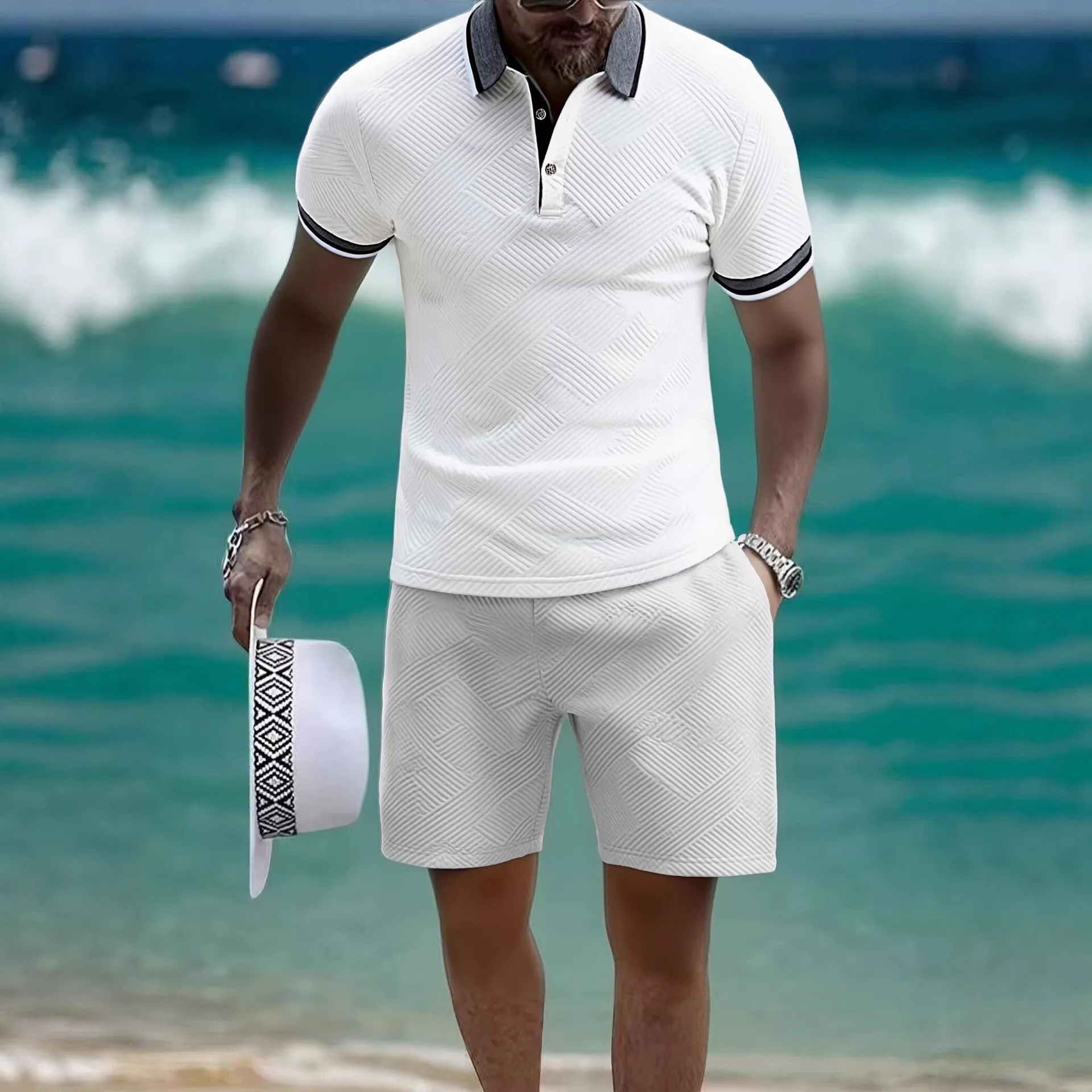 

Мужской комплект: рубашка с коротким рукавом и воротником, летние повседневные спортивные шорты, полиэстер, цветочный дизайн с вышивкой