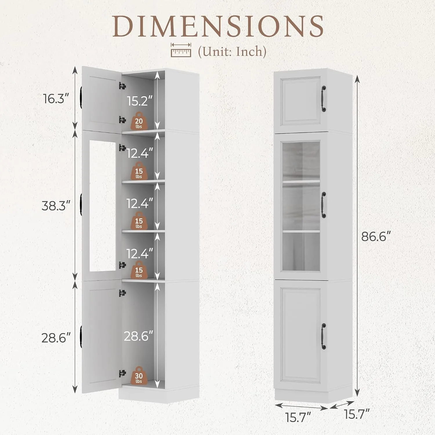 86 Inch Tall Bathroom Storage Cabinet, Thin Bathroom Organizer with 5 Tier Shelves and Glass Door, Freestanding Small Space Storage Cabinet for Bedroom, Laundry Room, Kitchen