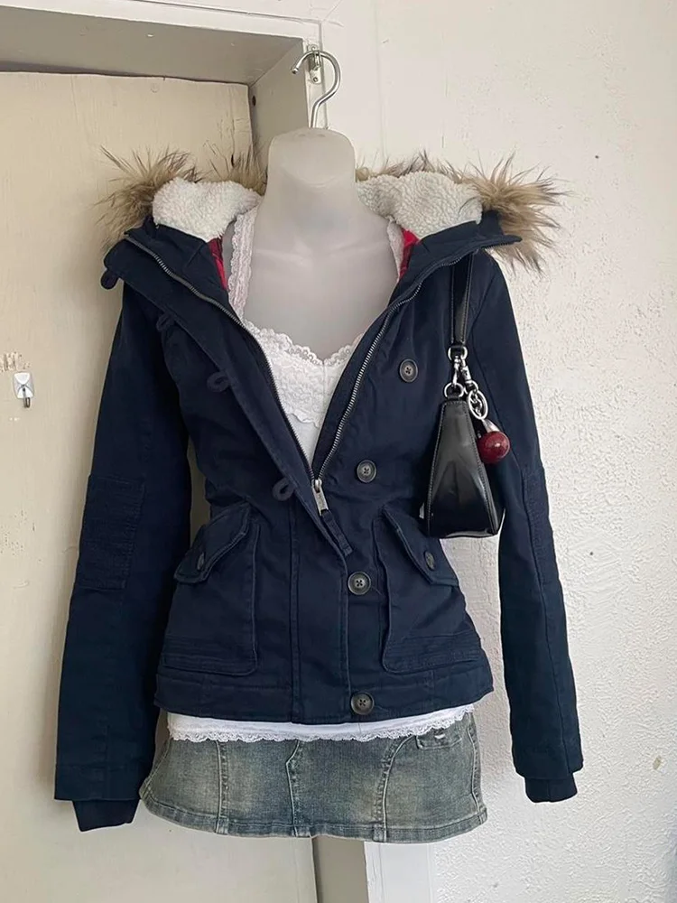 

Оригинальное американское ретро синее Jaet, уникальное утягивающее пальто, топ для женщин, хлопковое длинное пальто с капюшоном на молнии