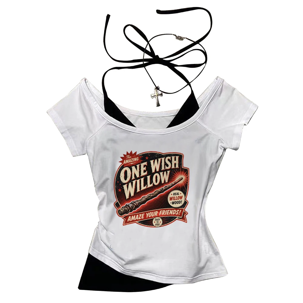 One Wish Willow crop top women japan goth scene  clearance sales tshirt dollette graphic summer meme gyaru