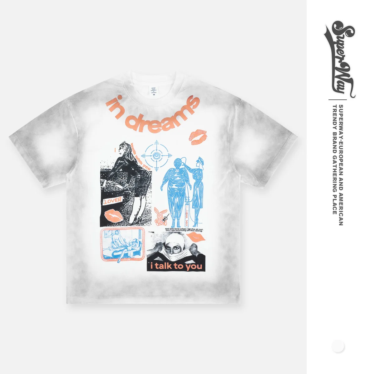 SUPER WAY Vintage T-Shirt Loose High Street Streetwear Short Sleeve Graffiti Comic Print Comfortable Casual Top for Men F619
