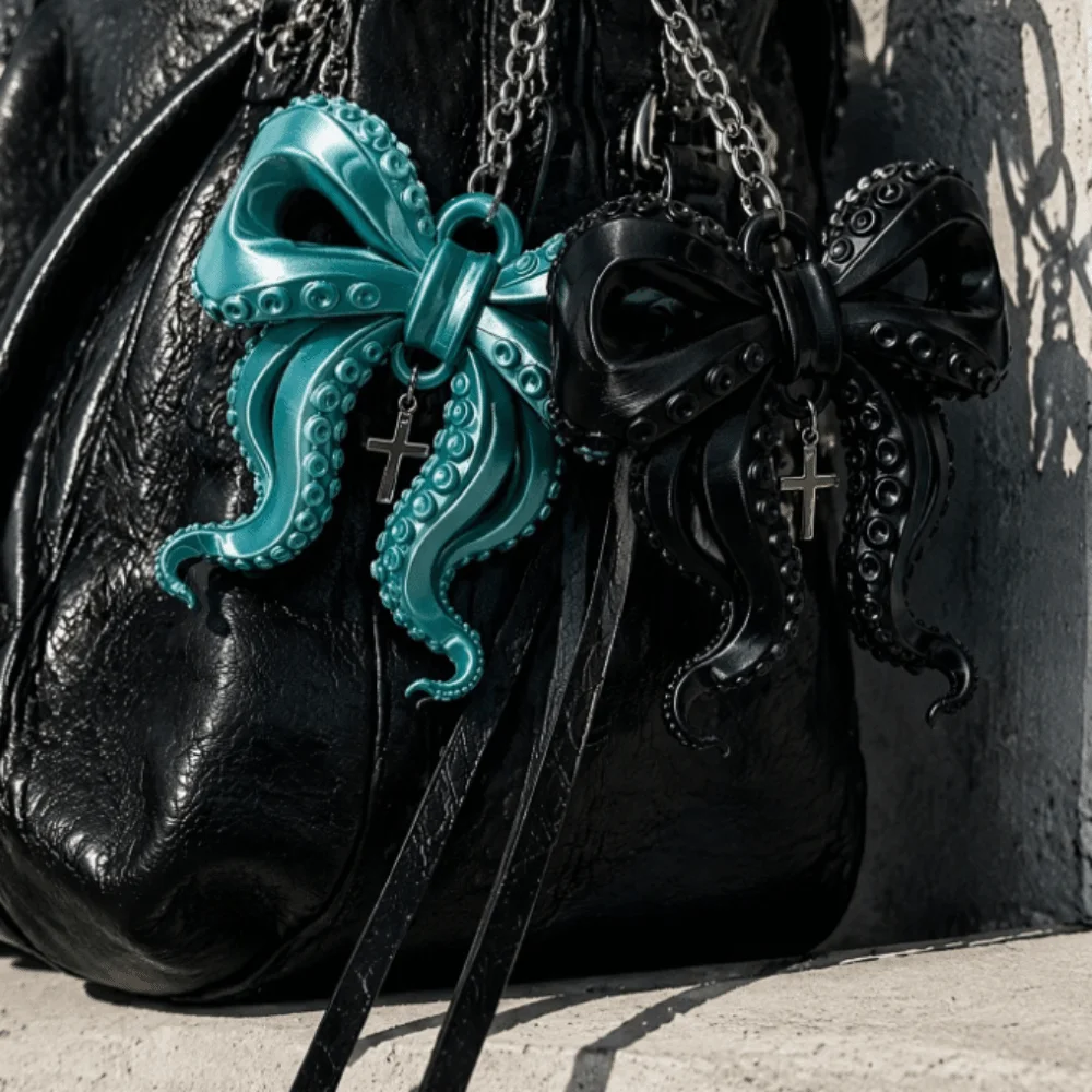 3D Printed Octopus Tentacle Bow Keychain Fashion Unique Octopus Bow Pendant Cross Gothic Cthulhu Style Keyring Backpack Decor