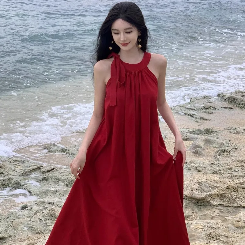 

French Style Temperament Vacation Style Halter Red Dress Women's Spring and Summer Sanya Seaside Holiday Atmosphere Long Skirt