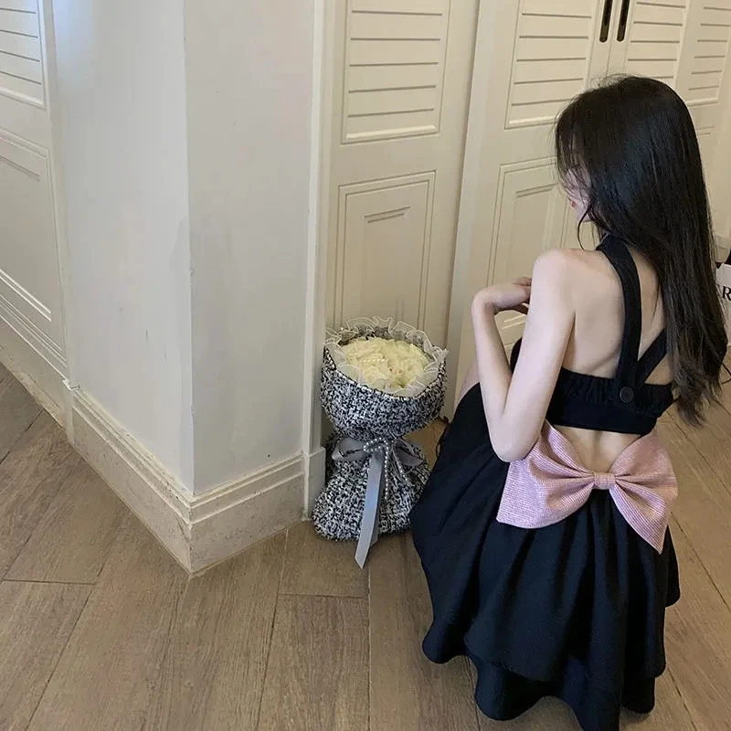 Black Mini Dresses Womens Back-bow Design Korean Lovely Party Dress Fashion Leisure Summer Y2K Hollow Backless Strapless Dress