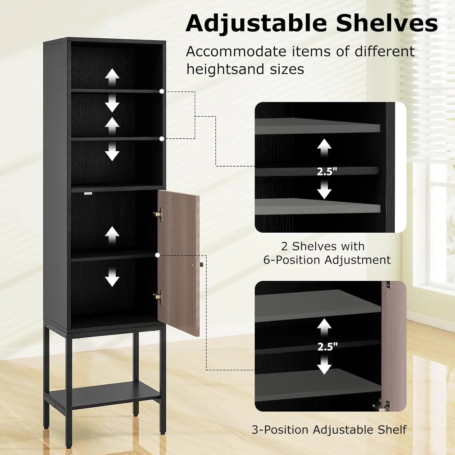 خزانة حمام طويلة مع باب واحد و4 أرفف، وخزانة أرضية ضيقة مقاس 57 بوصة ارتفاعًا مع أرفف قابلة للتعديل، وحمام نحيف طويل القامة #6