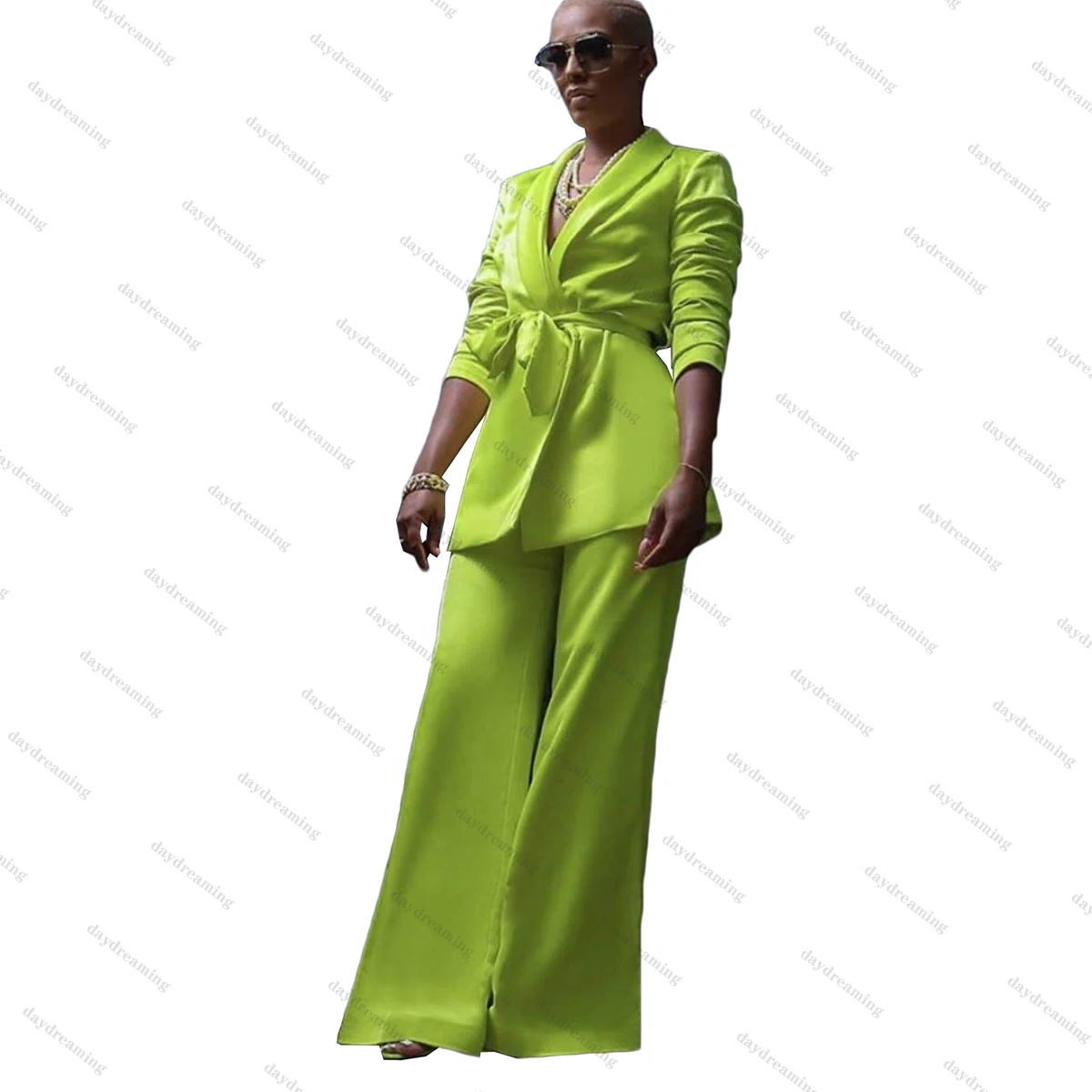 Xale Lapela Verde 2 Peças Mulheres Ternos Vestidos Lace Up Blazer Custom Made Elegante Calças Perna Larga Daily Power Gown