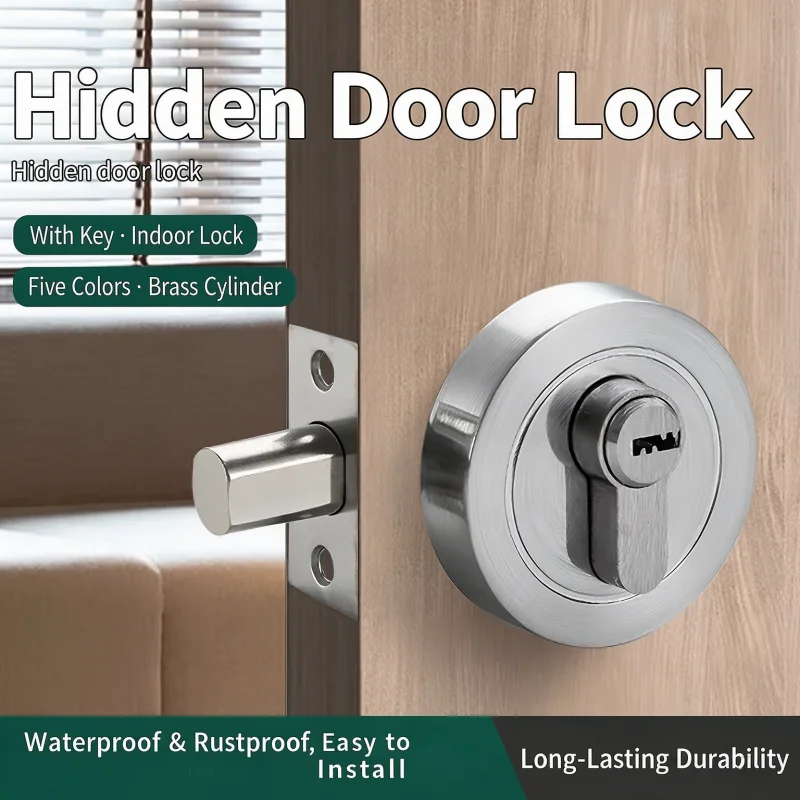 Invisible Door Lock, Indoor Wooden Door Round Lock, Single Double Sided Deadbolt Auxiliary Lock for Bedroom Passage