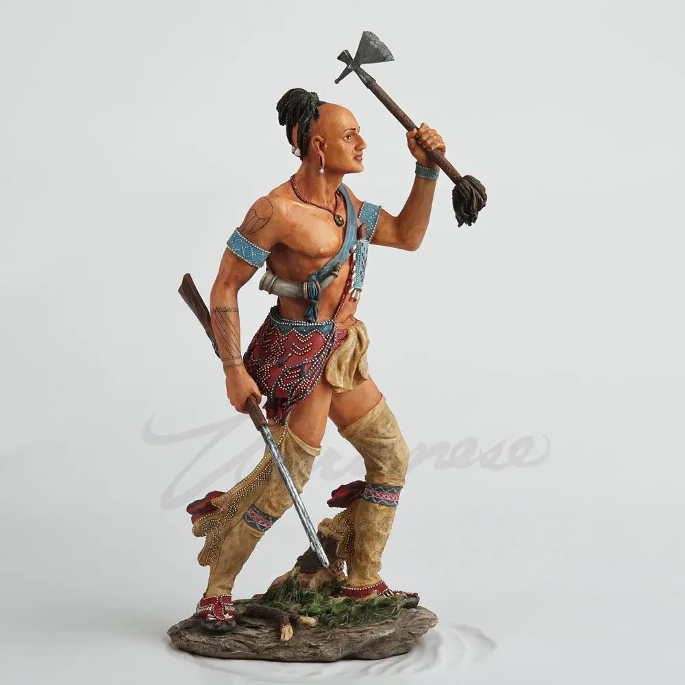 Resin Native American Warrior Statue Tribal Hunter Figurine with Spear Bronze Tone Sculpture Home Office Decor Art Craft Gift
