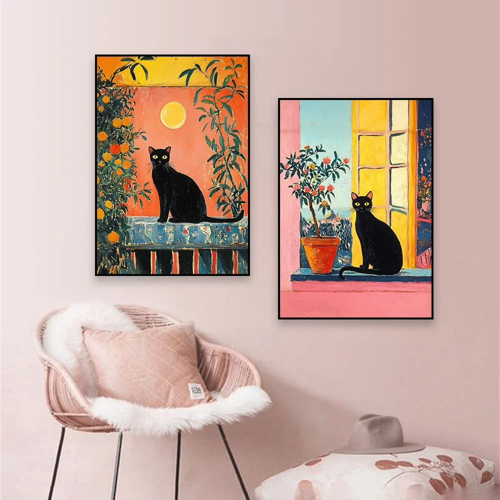 1pc frameless Canvas Painting Henri Matisse Cat Print Poster Matisse Open Window Cat Poster Black Cat Floral Canvas Painting Fun