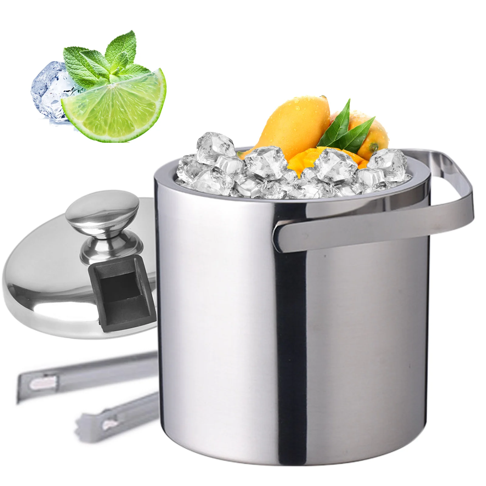 1.3L Double-Wall Insulated Ice Bucket Stainless Steel Ice Cube Beverage Container Silver with Ice Tongs and Lid