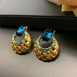 Vintage Craft Large Rhinestone Inlaid Hollowed Out Design Small Exquisite Earrings Jewelry for Woman Trend Ins