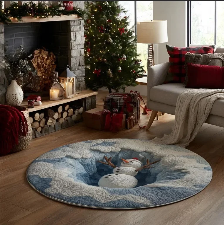 Round Area Rug 2D Illusion Optical Hole Cartoon Ice Figure Sculpture Embossed White Snow Waves Teal Blue Ice Pit Base For Floor