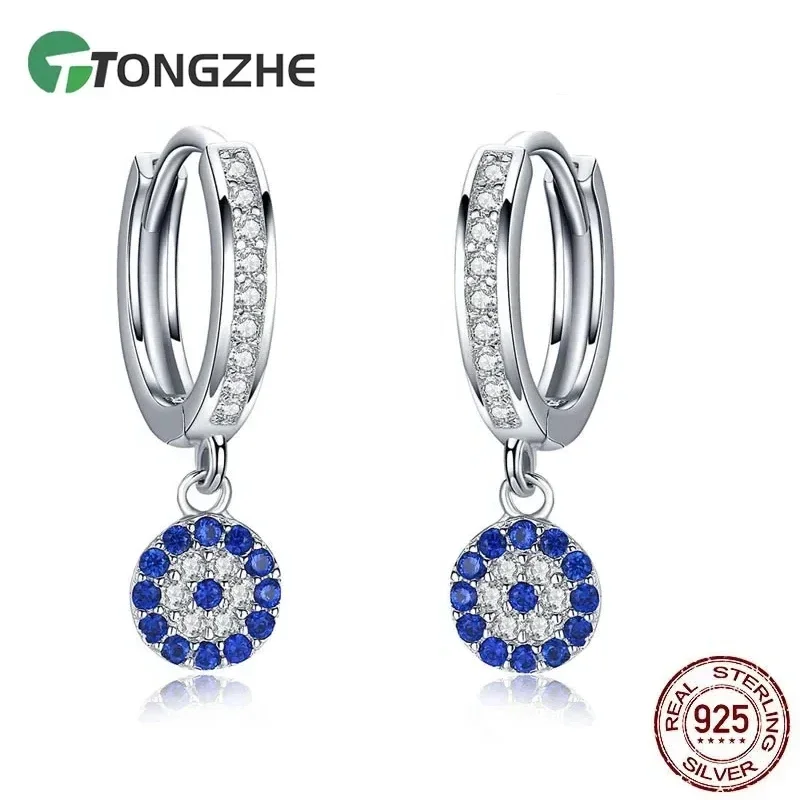 TONGZHE Turkish Evil Eye Earring 925 Sterling Silver Drop Earrings For Women Blue CZ Crystal Luxury Wedding Fine Jewelry