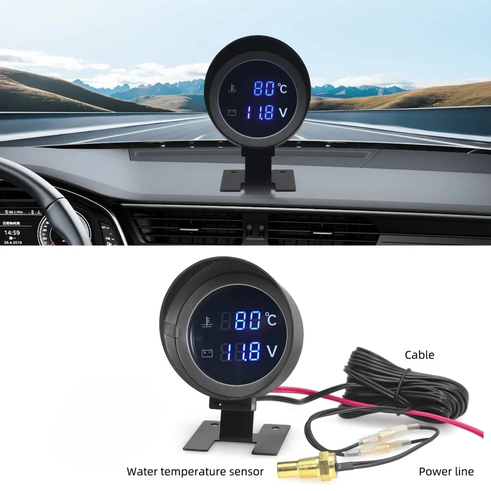 Digital 2 in 1 Water Temp and for Voltage Meter 52mm 2inch LED Display for Automotive 12V 24V Vehicles with Sensor