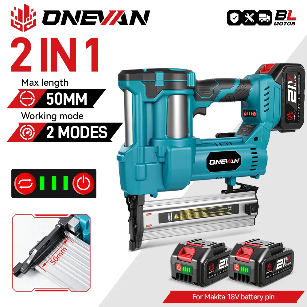 Image of ONEVAN 2-in-1 Bürstenloser Elektrischer Nagler F15-F50 K410-K4 Kabelloser 2-Gang-Tacker Nagelgerät Elektrowerkzeug für 21V 18V Akku