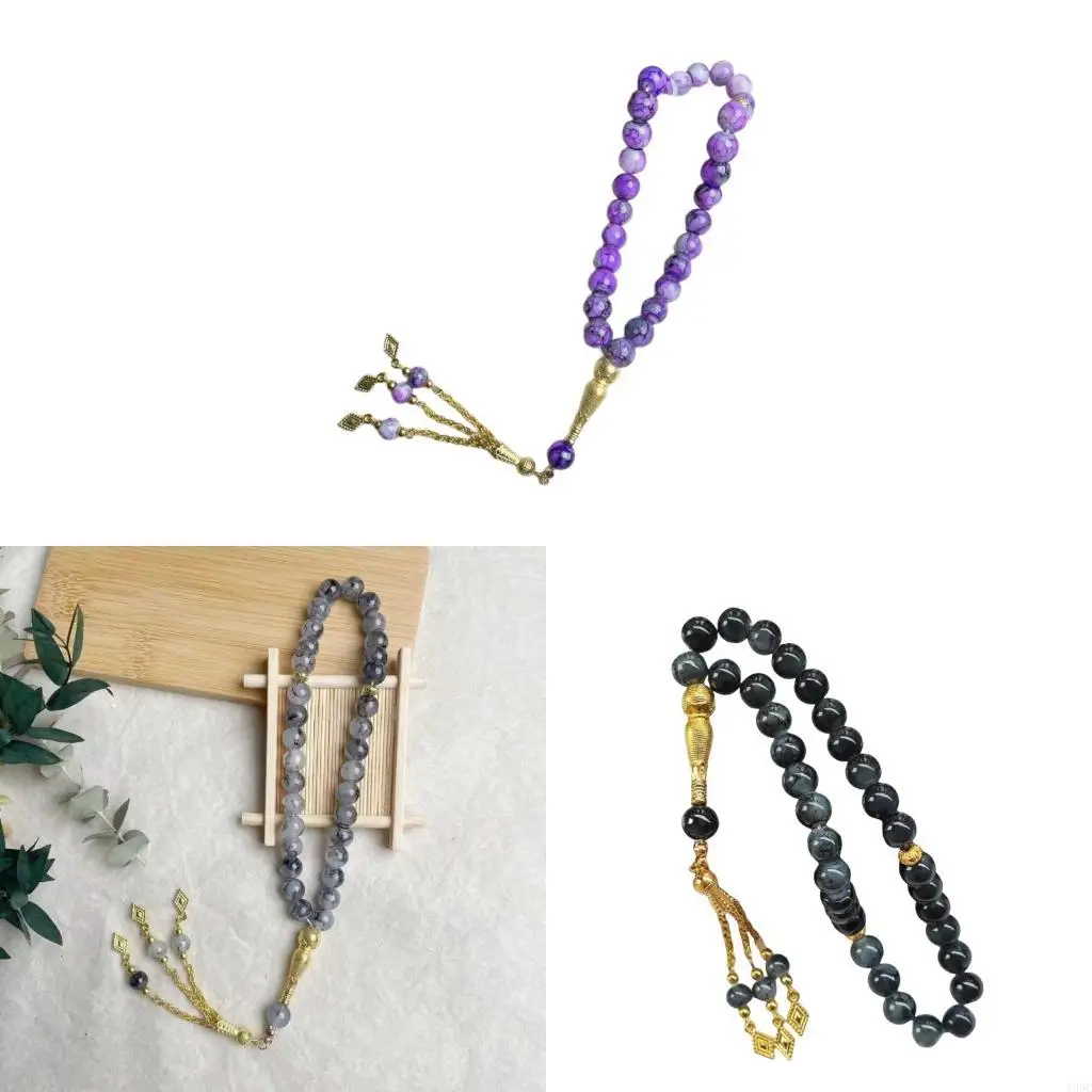 195C Devout Islamic Glass Prayer Beads 33 Bead Black Tasbih Bracelet for Daily Meditation and Prayer Jewelry Gift Hand Chain