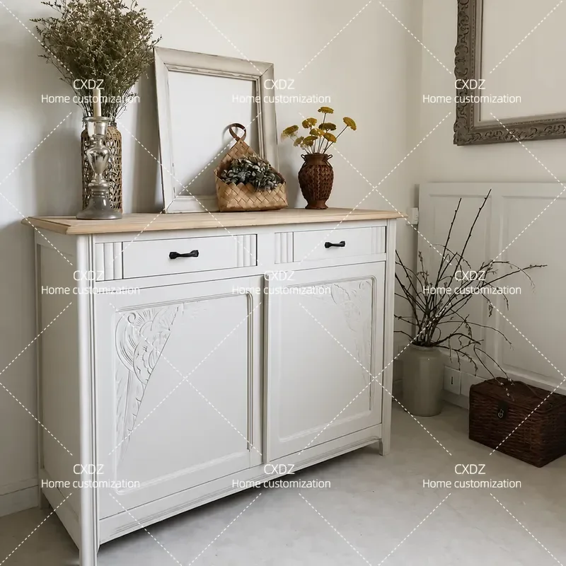 French Retro Solid Wood Shoe Cabinet Living Room Entrance Storage American White Two Door Light Luxury Dining Sideboard