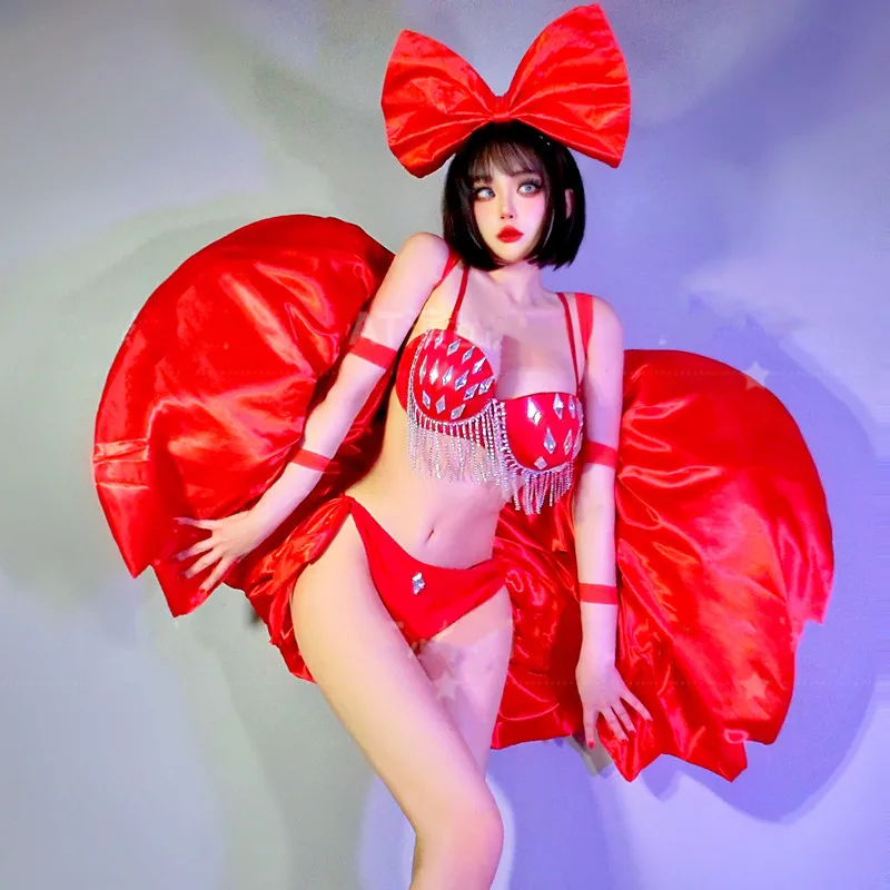 Klub nocny Bar Stage Wear Red Crystal Tassel Bikini Big Sleeve Rave Outfit DJ Dancer Gogo Performance Costume Party Show Festival