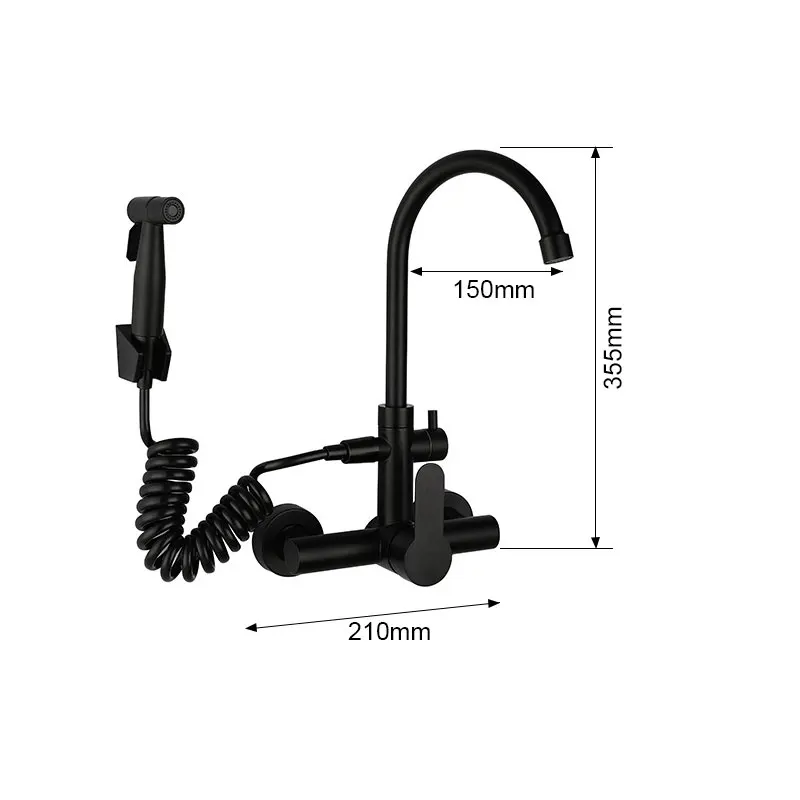 Black 304 Stainless Steel Wall-mounted Mixing Water Faucet Single Hole Single Handle New And Cold Mixing Tap With Spray Gun