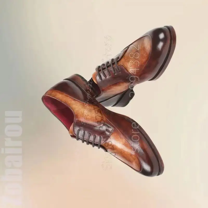 

Brown Gradient Color Strappy Men Derby Shoes Fashion Lace Up Men Shoes Luxurious Handmade Party Feast Banquet Men Dress Shoes