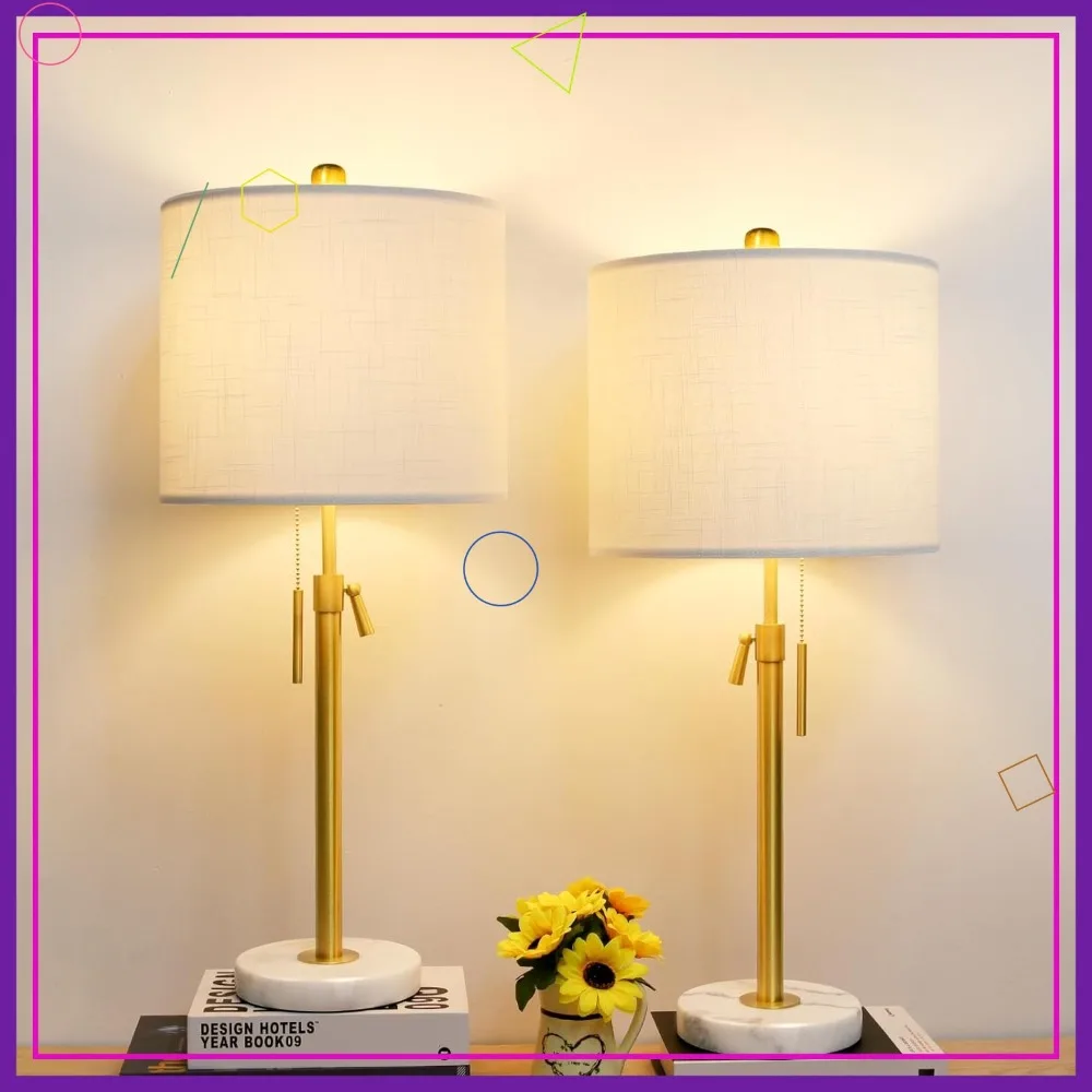 

Set of 2 Adjustable Height Table Lamps with Linen Shade, Pull Chain & Dimmable for Bedroom Nightstand or Living Room