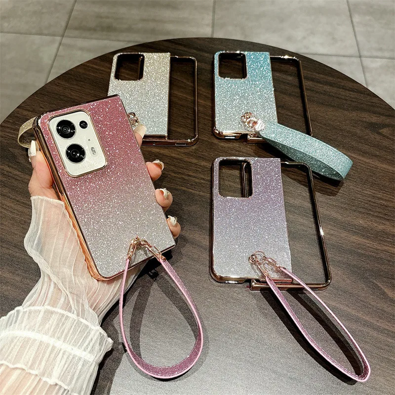 

Fashion Glitter PC Hard Wrist Strap Phone Case For OPPO Find N3 N2 N Plated Hinge Frame Protective Cover