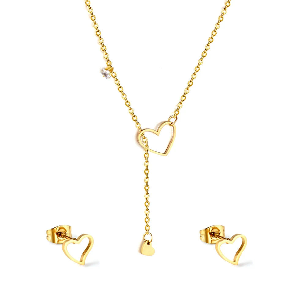 Einfaches, hohles, mit Herz verziertes, mit Diamanten besetztes, vergoldetes, modisches Halsketten- und Ohrringe-Set aus Edelstahl für den täglichen Gebrauch von Damenschmuck