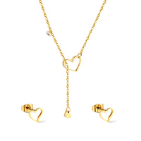 Simple Hollow Heart Diamond-Studded Stainless Steel Gold-Plated Fashion Necklace and Earrings Set for Daily Wear Women’s Jewelry