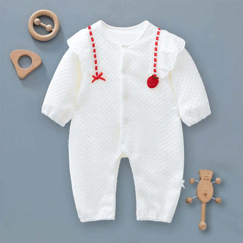 

New Autumn Baby Rompers 0-2Y Cute Strawberry Long Sleeve Girls Jumpsuit Newborn Double Layer Romper Toddler Outwear Clothes