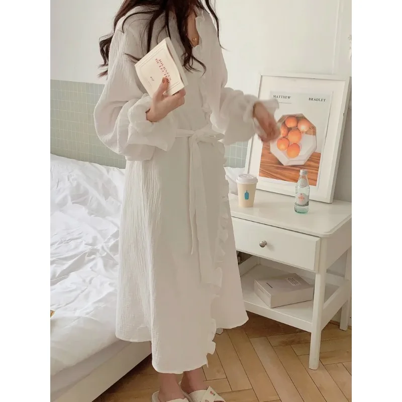 Bathrobe Women Shower Long-Sleeved Robe Autumn and Winter Simple Solid Ruffle Korean Version of the Student Pajamas Bath Rob