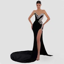 Sexy Evening Dress for Women Luxury Crystal Beading Mermaid Evening Gowns Black Long V Neck High Slit Backless Formal Party Gown