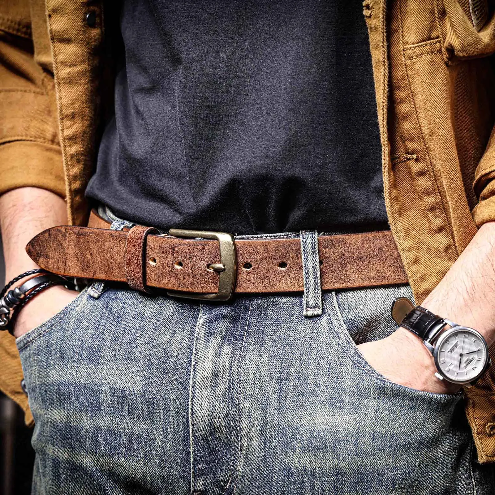 Vintage-Herrengürtel aus echtem Leder mit massiver Messingschnalle, lässiger Dornschließe-Gürtel mit Geschenkbox, verdicktes italienisches Rindsleder – Detail 6