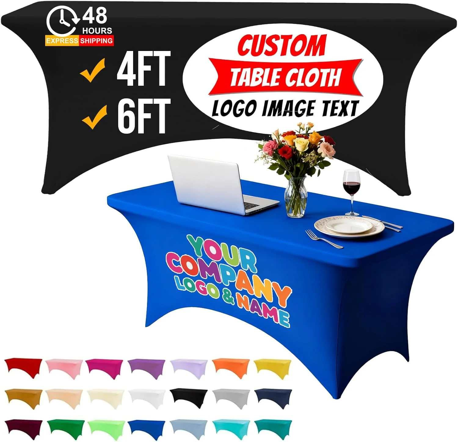 Custom Tablecloth Personalized Spandex Tablecloth with Bussiness Logo Text Photo Image Washable Covers Fitted Events Stretch