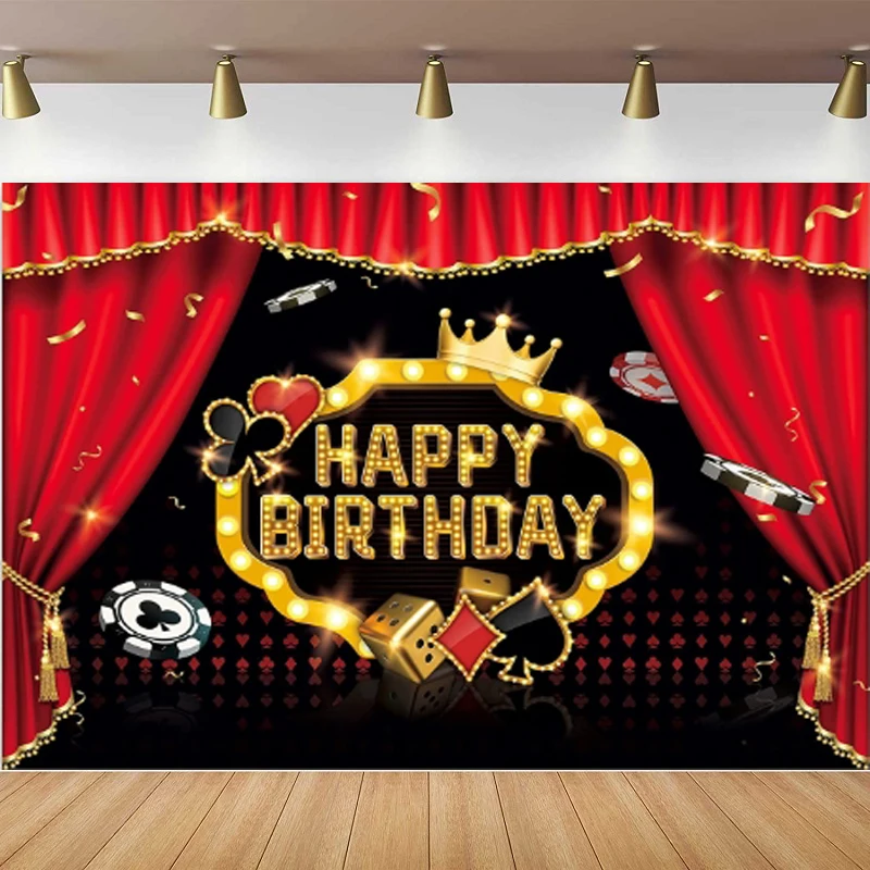 Casino Photography Backdrop Las Vegas Birthday Party Poster Poker Cards Night Black Red Golden Dice Winner Background Banner