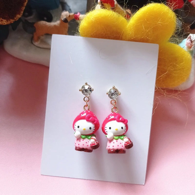 Sanrio Strawberry Hello Kitty Resin Earrings Cute Drag Cat Girl DIY Fashion 925 Silver Earrings Earrings Lovers Birthday Gifts