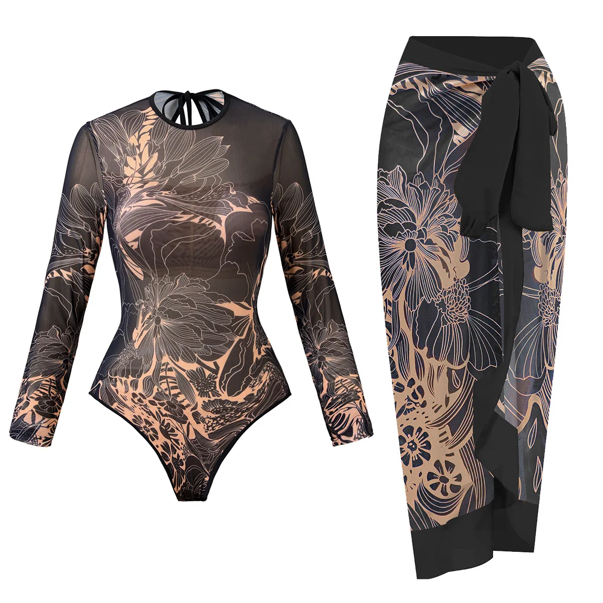 Retro Long Sleeved Sun Protection One-piece Swimsuit for Women, Swimsuit Cover Skirt  One Piece  Bathing Suit Купальник Слитный