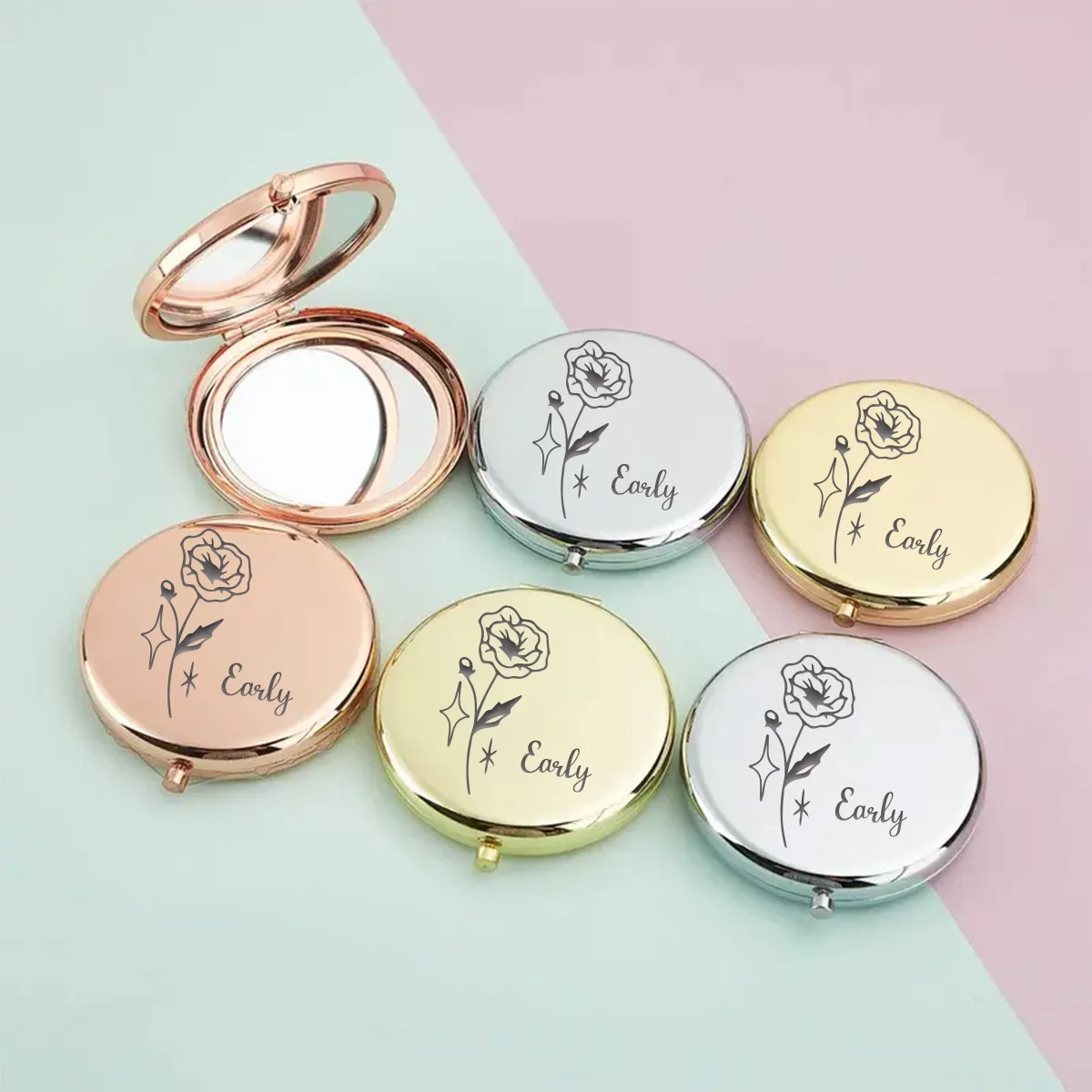 1pc Delicate Romantic flowers Custom Name Fold Mirror Pocket Mirror Makeup Mirror Christening Souvenir