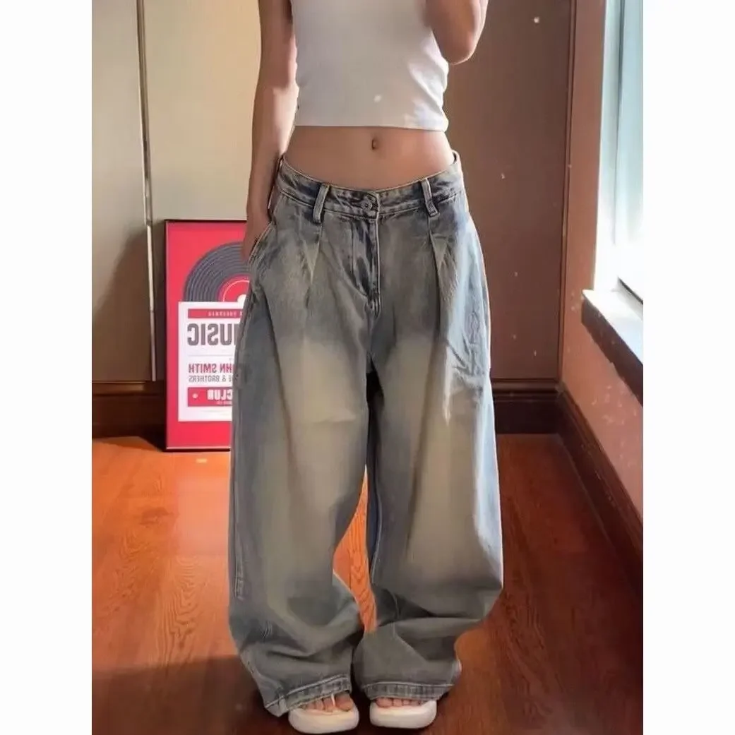 

Women High Waist Loose Jeans Bf Style American Retro Spicy Girl Vintage Washed Length Pants Spring Fashion Lazy Casual Trousers