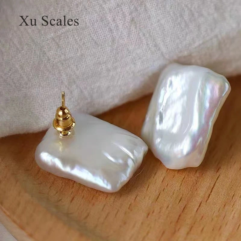 Natural Freshwater Baroque Pearl Earrings 15-21mm Irregular Square s925 Sterling Silver Fashion High-end Earrings Jewelry