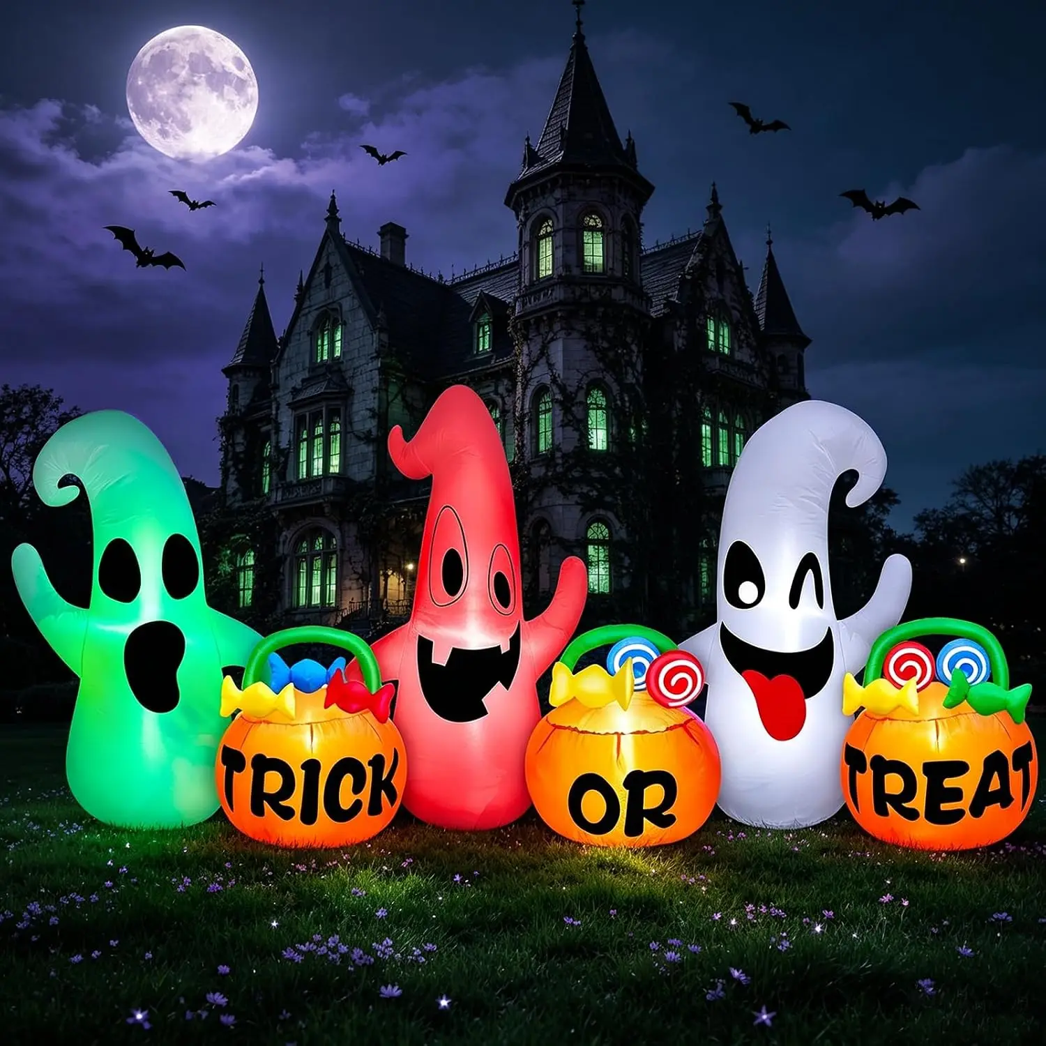 8 Ft Long Halloween Outdoor Inflatables Three Ghosts Decorations with Pumpkin And Candy Bags Light-Up 3 Colors Build-in