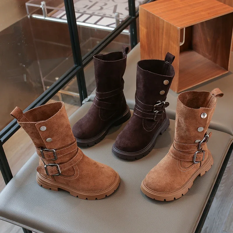 Kleinkind-Mädchen-Stiefeletten mit hochgekrempeltem Schaft, Metallschnalle, Nieten und Knöpfen, rutschfeste, dicke Sohle für den täglichen Gebrauch im Herbst und für Outdoor-Aktivitäten. – Detail 2