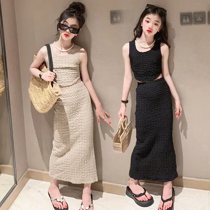 

Teenage Girls Clothing Sets 2025 Summer New Fashion Pleated Tank Top+Slim Side Slit Long Skirt 2Pcs Outfits Kids Suits 3-15Yrs