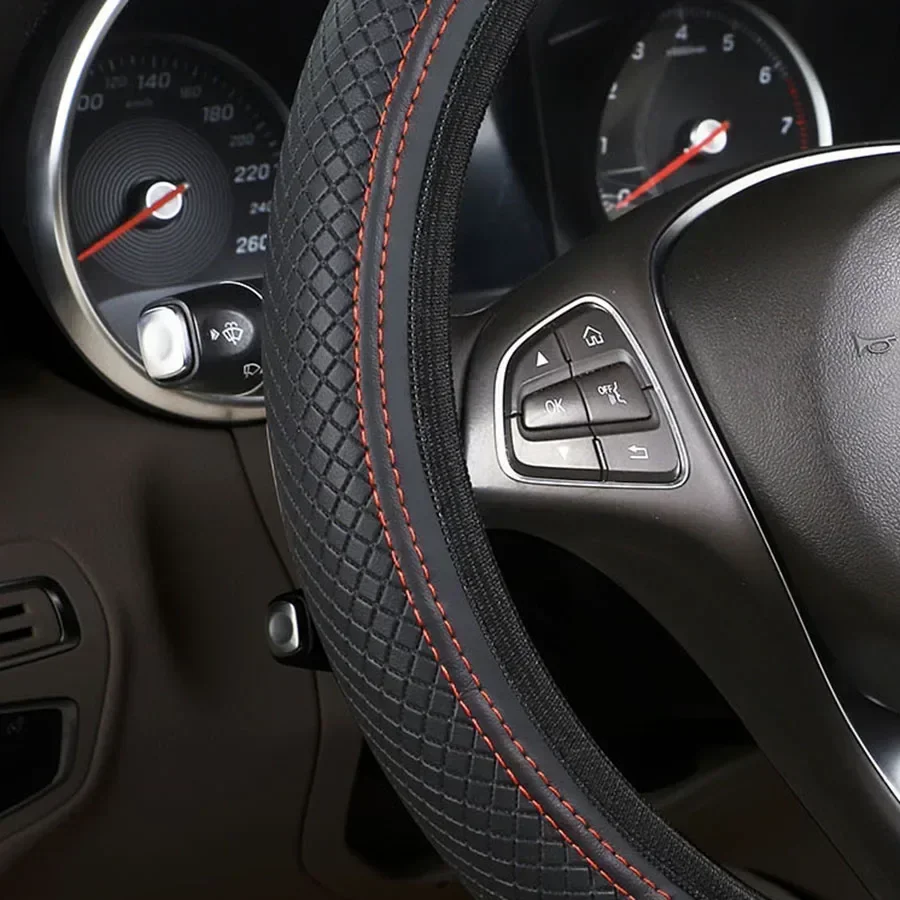 Four Seasons Motors Steering Wheel Cover Non Slip Sweat Absorbent Fiber PU Leather Handle Cover Bread Off Road Pickup Sedan