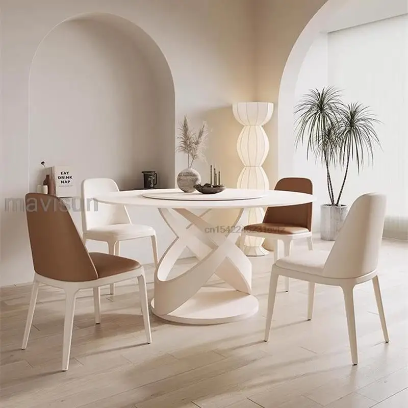 Cream Style Round Dining Table And Chair White Household Furniture Kitchen Table Rock Slab Desktop Dining Table With Turntable