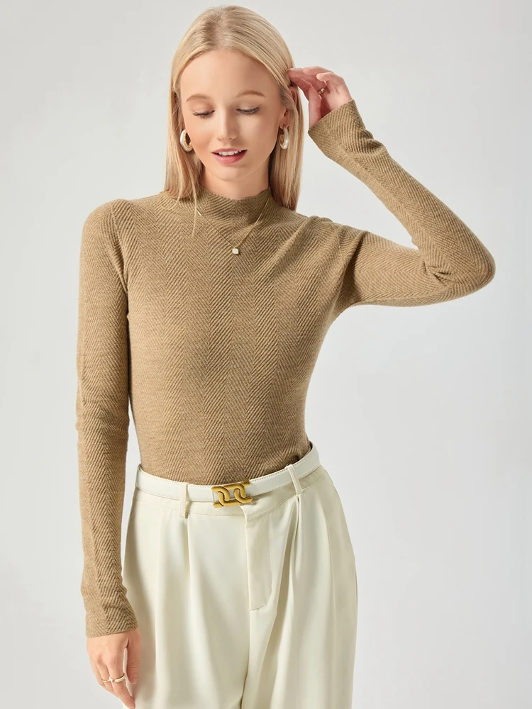 

Бесшовный вязаный свитер с узором «рыбья кость» из мериносовой шерсти, элегантный пуловер с воротником-стойкой и длинными рукавами, премиум-качество, 100% мериносовая шерсть, 3D-эффект