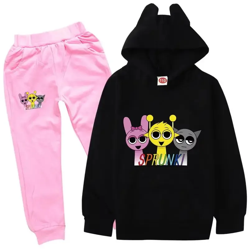 L2025l هالوين Sprunki الملابس مجموعة الاطفال الكرتون هوديي الصبي ربيع الخريف وتتسابق الفتيات مقنعين البلوز السراويل العليا 2 قطعة مجموعات