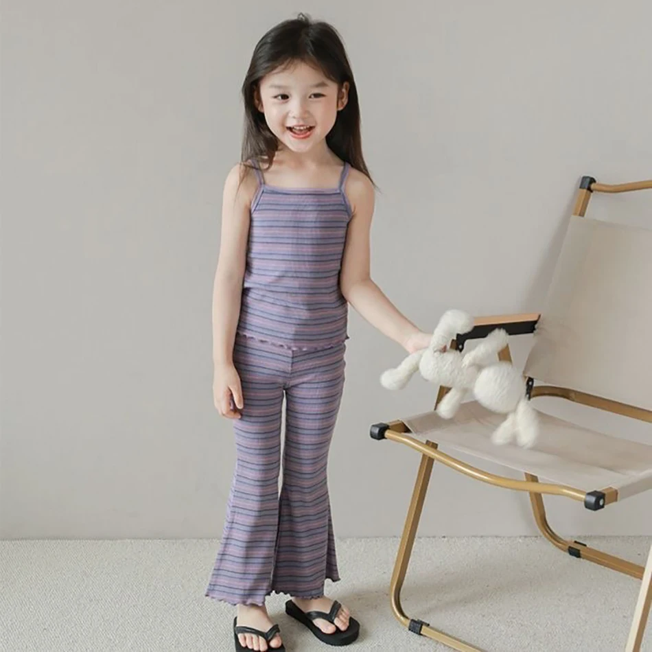 Adorable Girls Summer Striped Tank Top and Flared Pants Set Trendy Two-Piece Outfit Children Everyday Casual Versatil Sets