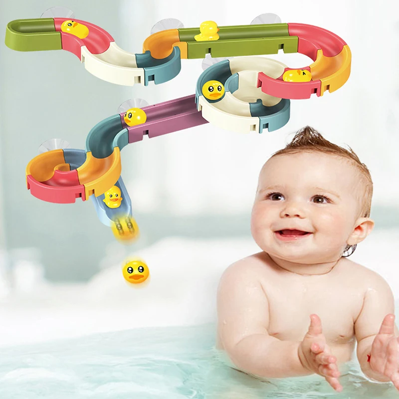 Baby Bath Toy Wall Sunction Cup Track Water Wind-Up Duck Slide Bathroom Assembling Swimming Pool Water Toys For Kids Gifts