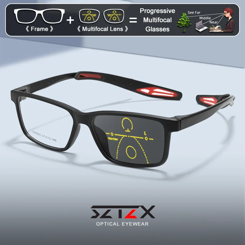 SZTZX Professional Men Rectangle Design Prescription Sporty Glasses Oversize Frame Anti Blue Ray Photochromic Multifocal Eyeware